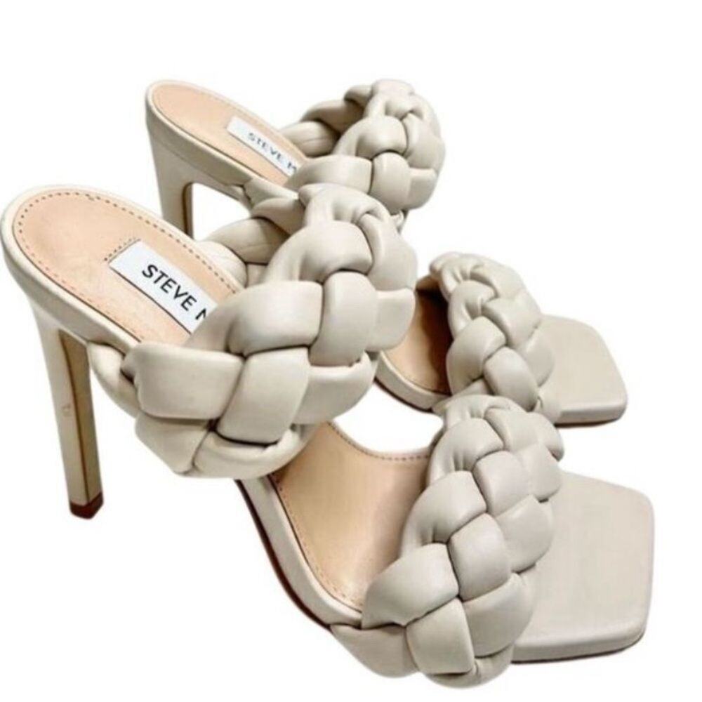 Steve Madden Sandals Size 6 Off White Kenley Slip On Open Toe Woven Heels